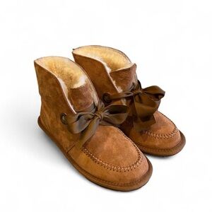 UGG Tan Suede Boots with Ribbon Accent
